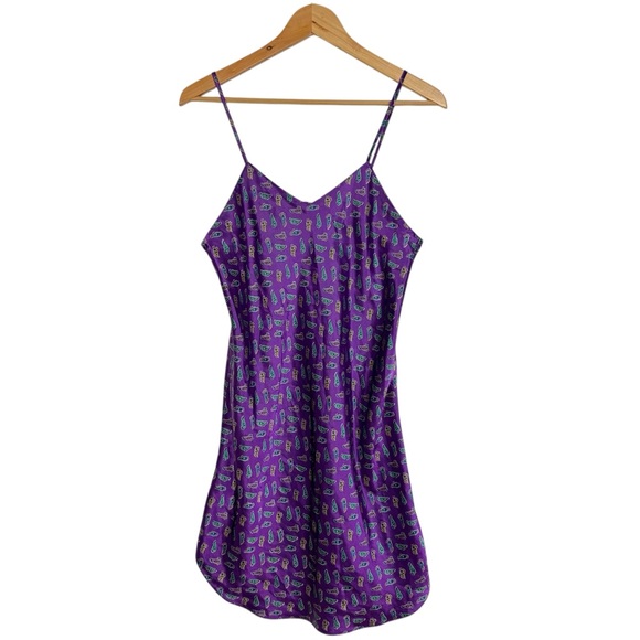 Vintage 80s Paisley Printed Silky V Neck Mini Strap Lingerie PJ Mini Slip Dress - Picture 2 of 7
